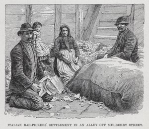 Italienske Rag-Pickers' bosetning i en bakgate utenfor Mulberry Street (litho) av American School
