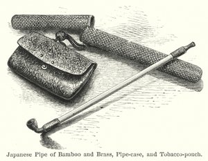 Japansk pipe av bambus og messing, pipe-etui og tobakkspose (gravering) av American School