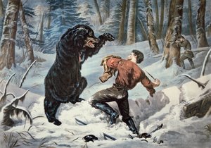 Jedediah Smith (1799-1831) ble angrepet av en Grizzlybjørn, ca. 1861 (litho-farge) av American School