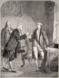 John Adams (1735-1826) som den første amerikanske ambassadøren til det engelske domstolen, og presenterte sin legitimasjon til kong George III (1738-1820) (litografi) av American School