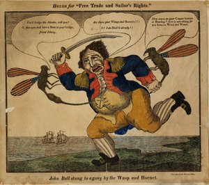 John Bull stukket til smerte av Wasp and Hornet, 1813 (håndfarget relieffsnitt)