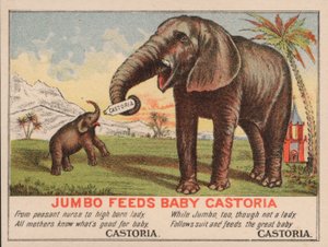 Jumbo mater babyen Castoria, reklame for Fletchers Castoria-medisin, med P T Barnums berømte sirkuselefant av American School