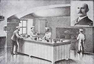 Kjøkken i Det hvite hus på 1890-tallet, med innfelt portrett av Hugo Ziemann av American School