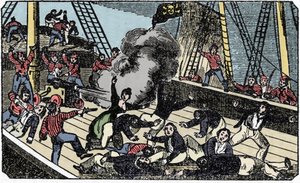 Der Tod des Piraten-Gentleman Jean Lafitte (1780-1826), Gravur aus „The pirate own book“ 1837 von American School