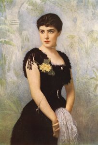 Lady Randolph Spencer-Churchill, født frøken Jennie Jerome fra New York, som giftet seg med Lord Randolph Spencer-Churchill (farge litho) av American School