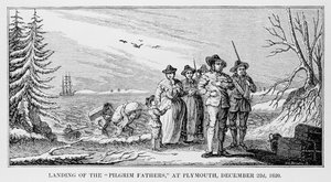 Landing of the Pilgrim Fathers i Plymouth på Cape Cod, Massachusetts, 22. desember 1620, trykt i History and Antiquity of New England, New York... 1842 av American School