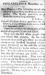 Brev som kunngjorde ankomsten av kapteinene Lewis og Clark, fra The Boston Intelligencer, 19. november 1806 (trykk) av American School