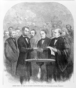 Lincoln avla ed ved sin andre innvielse, 4. mars 1865, publisert 1865 av American School