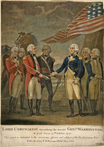 Lord Cornwallis overgir sitt sverd til genl. Washington i York Town av American School