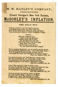 M.W. Hanleys Col presenterer Edward Harrigans siste N.Y. Success, McSorleys Inflation [teaterkort]. Verso, ca. 1882 (litografi [handelskort]) av American School