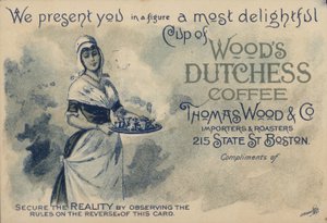 Hushjelp som serverer kaffe, reklame for Woods Duchess Coffee, Boston