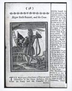 Major Stepe Bonnet, side 38 fra Historier og liv til alle de mest beryktede piratene og deres mannskaper, London, 1725 av American School