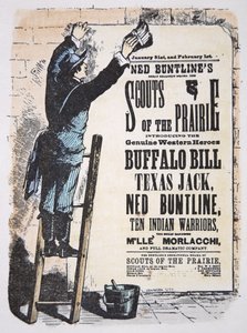 Mann som legger ut en teaterregning for «Scouts of the Prairie»-skuespillet med Buffalo Bill Cody (1846–1917) Texas Jack (1846–79) og Ned Buntline (1823–86) ca. 1874 (farget gravering) av American School
