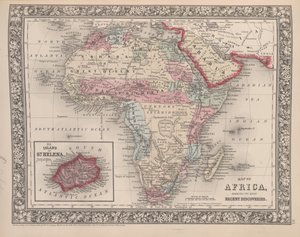 Kart over Afrika som viser de siste funnene med øya St. Helena innfelt fra Mitchells nye generelle atlas, 1863 (fargegravering)