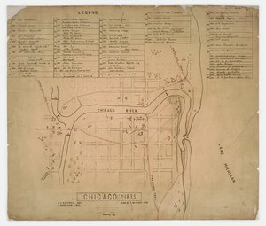 Kart over historiske hus og steder i Chicago, Illinois, ca. 1835 av American School