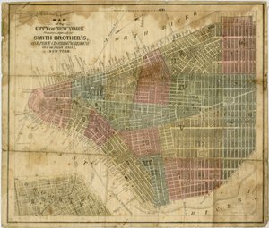 Kart over byen New York: utarbeidet eksplisitt for Smith Brother?s, en pris kleslager... utarbeidet av J.H. Colton & Co., 1854-1869 (svart og farget blekk på papir) av American School