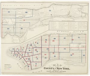 Kart over fylket New York, som viser avdelingene og politidistriktene, og plassering av stasjonshus., 1870 (blekk på papir) av American School