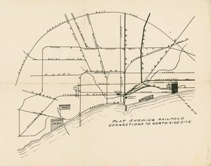 Kart som viser jernbaneforbindelser til det foreslåtte stedet for verdens Columbian Exposition på North Shore av American School