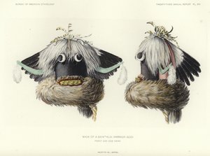 Maske av en Sayathlia (krigergud) - forfra og fra siden (fargelitografi) av American School