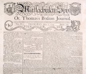 Masthead for Massachusetts Spy 7. juli 1774 (trykk) av American School