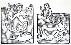 Mermaids and Mermen, fra The World Guide to Gnomes, Fairies, Alves and Other Little People av Thomas Keightley (1789-1872) Publisert 1880, (BW Engraving)