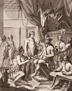 Montezuma overlater imperiet sitt til kongen av Spania, ga ham en hyllest og lover hans lydighet, fra Antonio de Solis y Rivadeneira Solis History of the Conquest of Mexico, gravert av Ximeno av American School