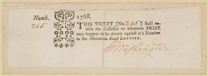 Mountain Road Lottery Ticket, signert av George Washington (1732-99) 1768 (blekk på papir) av American School