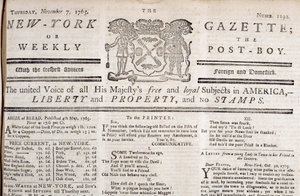 New York Gazette-topp som erklærer sin motstand mot frimerkene, trykt 7. november 1765 (trykk) av American School