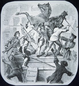 New York-opprørere trekker ned statuen av den forhatte George III av England (litho) av American School