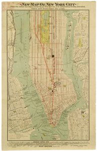 Nytt kart over New York City fra de siste undersøkelsene som viser alle ferge- og dampskipskai, forhøyede, elektriske undergrunnsbaner [sic] og kryssende bybillinjer. av American School