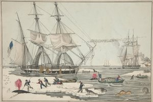 North Sea Whale Fishery, pub. 1860 (farge litho) av American School