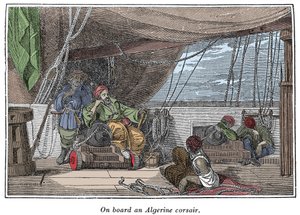 Om bord på et skip med algeriske pirater Illustrasjon fra "The Pirates Own Book, autentiske fortellinger om de mest berømte sjørøverne"" av Charles Ellms, Boston 1837 av American School