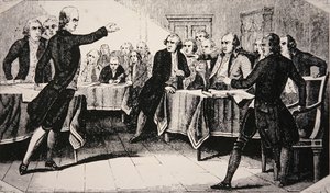 Patrick Henry før Virginia-forsamlingen i mars 1775 (litho) av American School