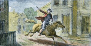Paul Reveres berømte tur natt til 18. april 1775 (farge litho) av American School