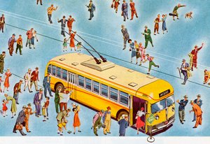 Fotgjengere som setter seg på en bybuss av American School
