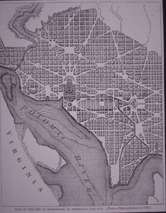 Plan for byen Washington DC som lagt ut av major Pierre Charles L'Enfant under tilsyn av George Washington, ca. 1800 (gravering) av American School