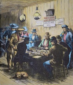Spiller Faro i en salong i Cheyenne, Wyoming, ca. 1870 (farget gravering) av American School