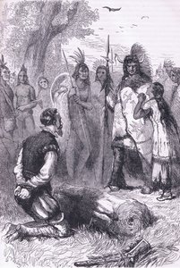 Pocahontas redder kaptein Smiths liv, illustrasjon fra Cassell's History of the United States pub. av Petter & Galpin ca. 1890 (litho) av American School