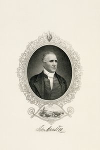 Portrett av Sam Houston med utsikt over byen, ca. 1855-c. 1860 (gravering med stålkant på vevd papir) av American School