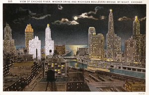 Postkort av Chicago om natten, ca. 1930 av American School
