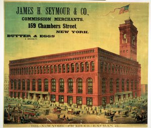 Plakat som reklamerer for James H. Seymour & Co. Commission Merchants på New York Produce Exchange, gravert av Sacket, Wilhelms og Betzig, ca. 1885