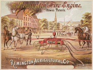 Plakat som reklamerer for Remington Fire Engine produsert av Remington Agricultural Company, ca. 1890
