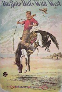 Plakat av en bucking bronco, for Buffalo Bills (1846-1917) Wild West Show, ca. 1885 (farge litho) av American School