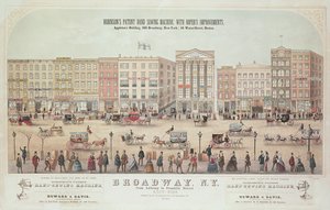 Plakat med utsikt over Broadway, fra Anthony til Franklin Street, reklame for Robinsons Patent Hand Sewing Machine, 1855