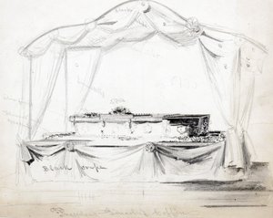 President Abraham Lincolns kiste ligger i staten i Det hvite hus, Washington D.C., april 1865 (blyant, blekk og vask på papir) av American School