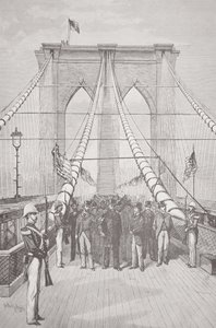 President Chester A. Arthur ved åpningsseremonien til den nye Brooklyn Bridge, 24. mai 1883 (litho) av American School