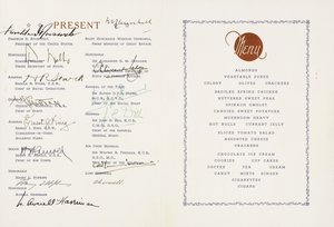 Trykt meny signert av Winston Churchill og Franklin D. Roosvelt, U.S. Flagship Augusta, Ship