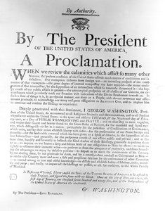 Erklæring fra president George Washington (1732-99) som skiller ut torsdag 19. februar som en dag med offentlig takke- og bønn, 1795 (avispapir) av American School