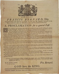 Erklæring i navnet til Francis Bernard, guvernør i Massachusetts Bay: kunngjør en fastedag under den franske og indiske krigen, 8. april, 1761 av American School