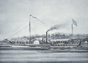Robert Fultons dampbåt "Clermont", ved Hudson River, New York av American School